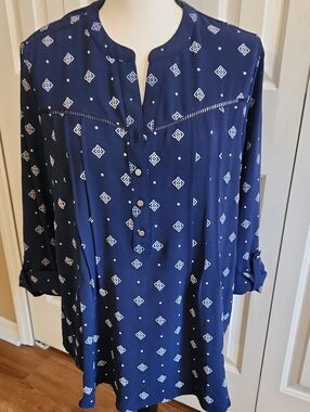 Kim Rogers Navy Geometric Button-Front Tunic